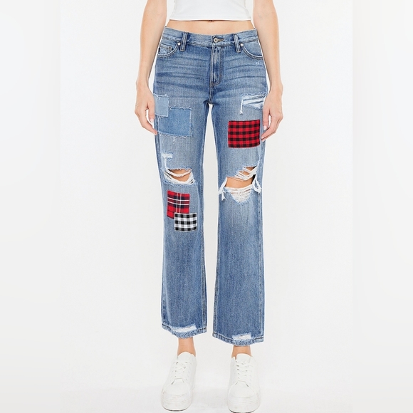 KanCan Denim - KanCan™ Nonstretch High Rise Plaid Patch Ripped Boyfriend Jean (Maurices) 30x28
